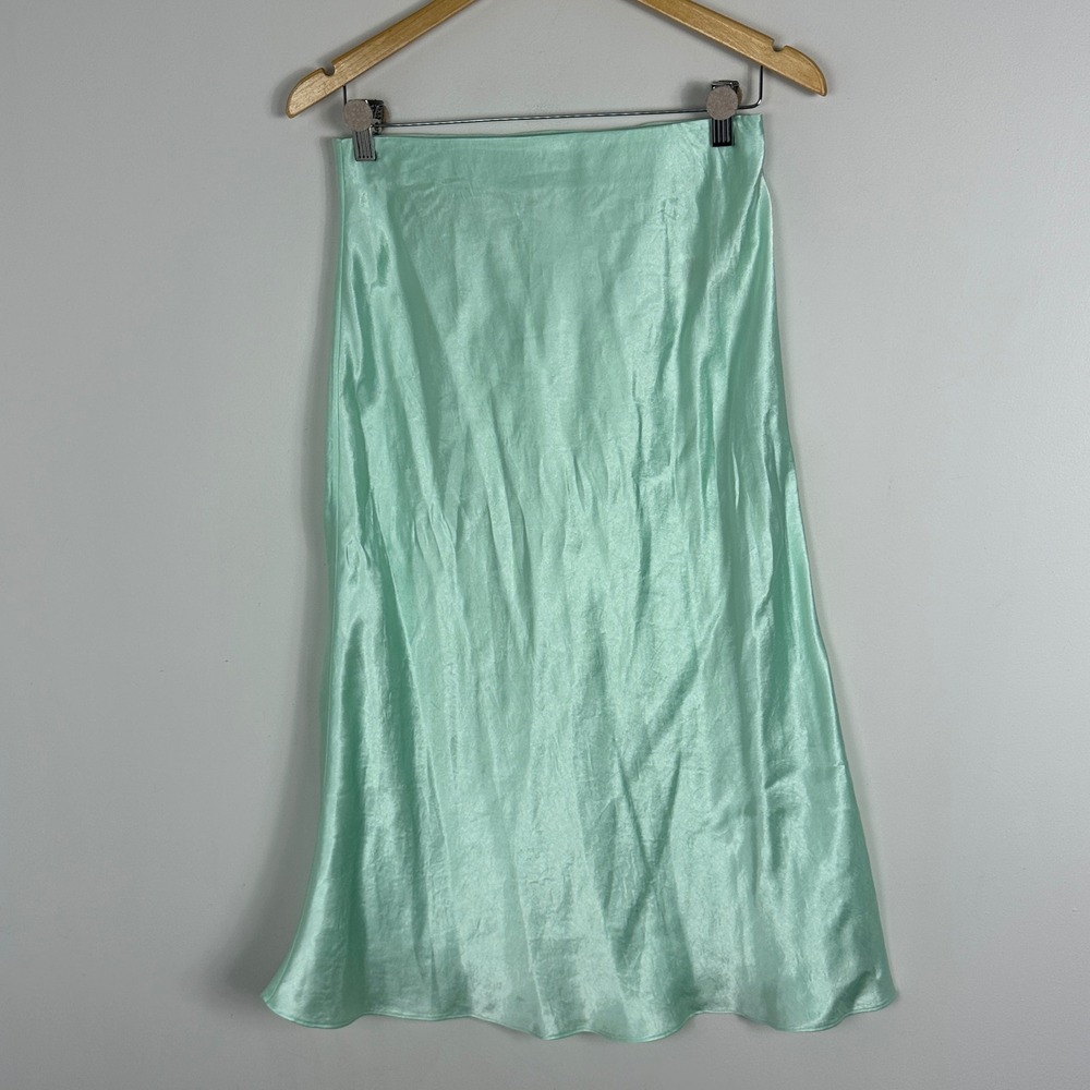 Aritzia‎ Babaton Slip Satin Skirt Mint Green Size 8 Elastic Waist Bias Cut Midi - Picture 11 of 11